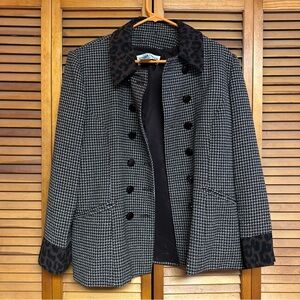 Vintage Donna Toran brown white Houndstooth Jacket with Leopard Accent Blazer